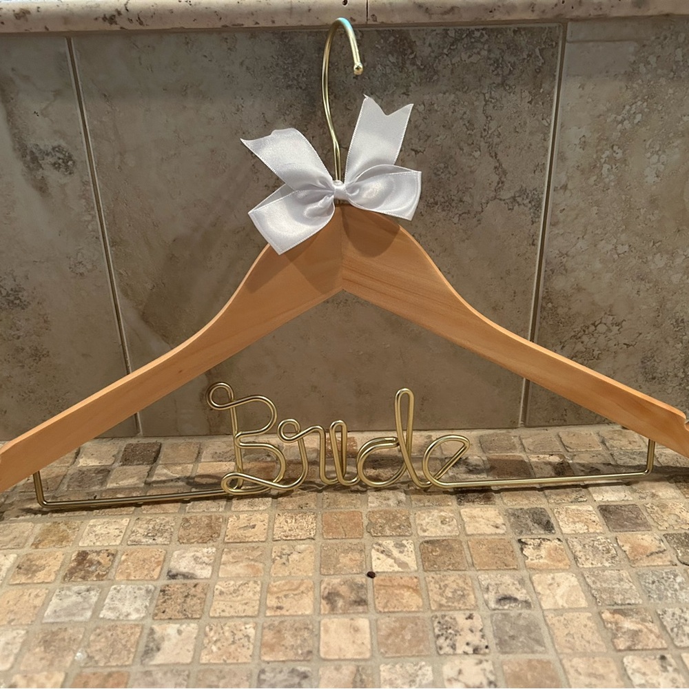 Bride Wooden Hanger with Gold Wire Script and White Bow